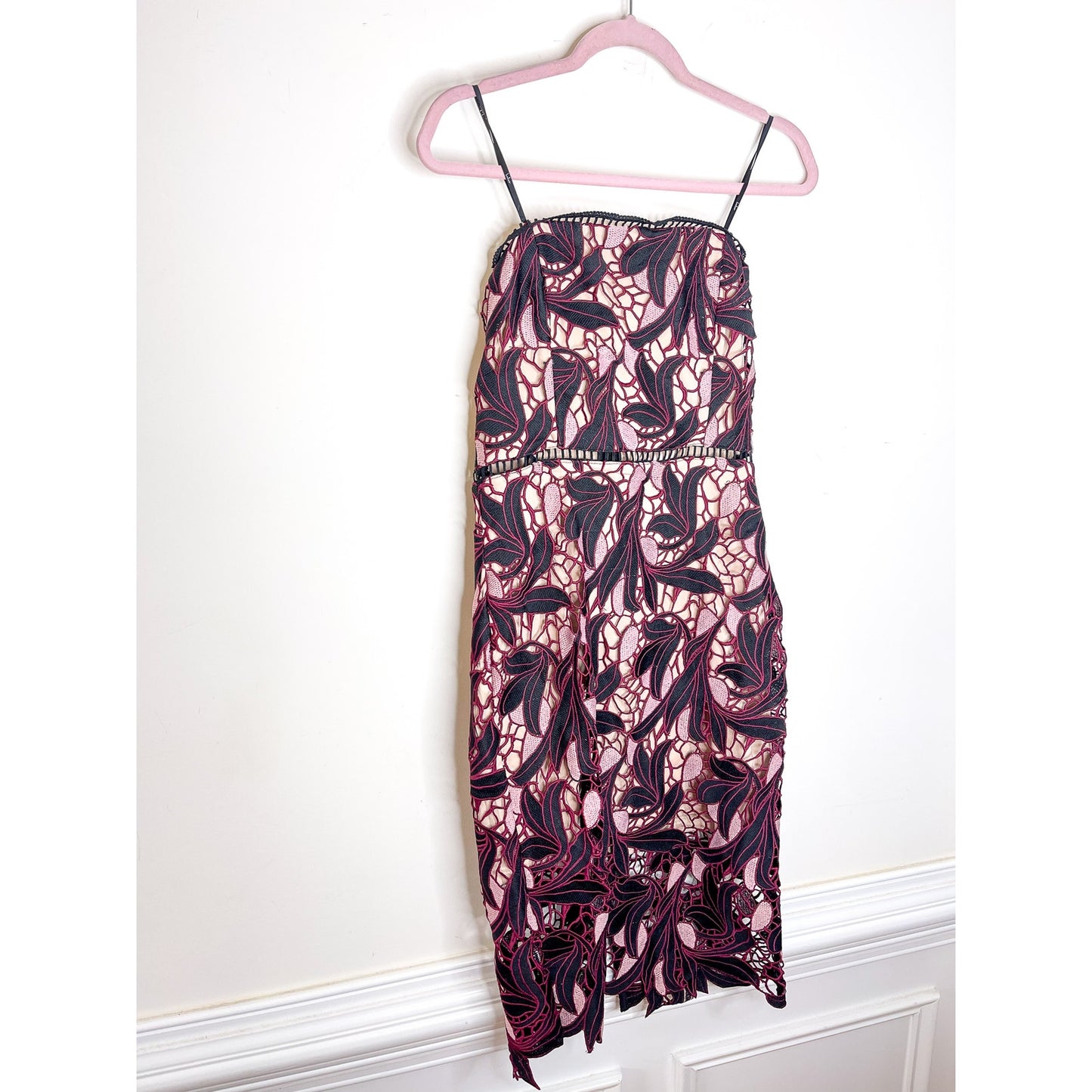 Lulus Jana Pink and Black Crochet Lace Strapless Midi Dress Size Medium