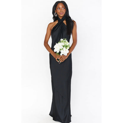 Show Me Your Mumu Jasmine Halter Maxi Dress in Black Satin Size Small