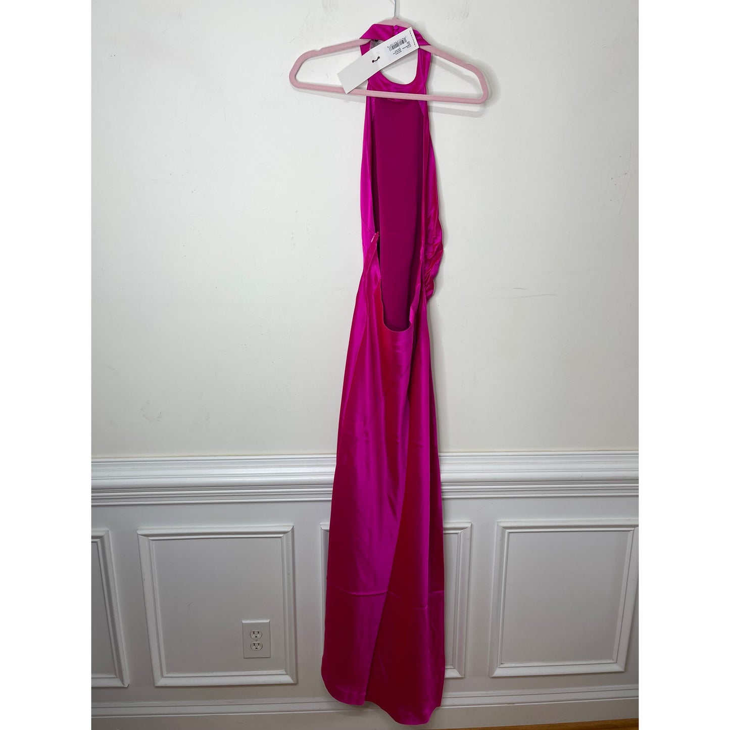 Retrofete Sabrina Dress Neon Pink Large Backless Satin Sleeveless Asymmetrical
