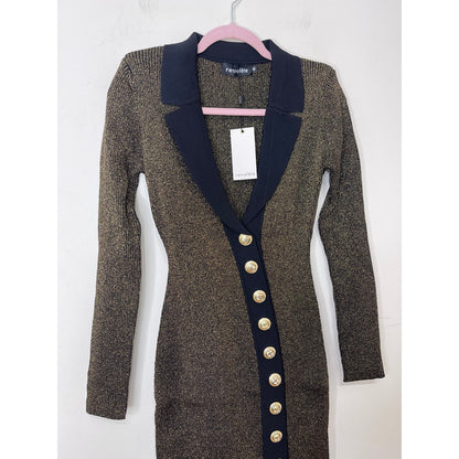 Retrofete Cassidy Cutaway-Hem Dress in Metallic Black/Gold Medium Long Sleeve