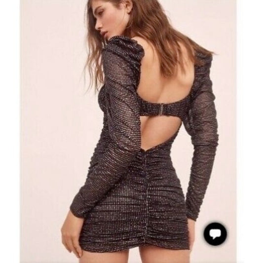 For Love & Lemons All That Glitters Black Sparkle Ruched Mini Dress Size XS