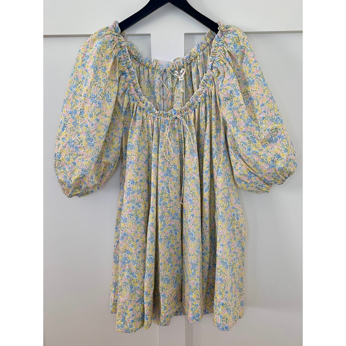 For Love & Lemons Merian Tunic Mini Dress Green Floral Small Short Sleeve Ruffle