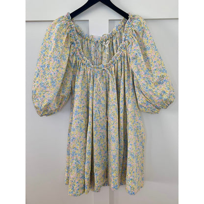 For Love & Lemons Merian Tunic Mini Dress Green Floral Small Short Sleeve Ruffle