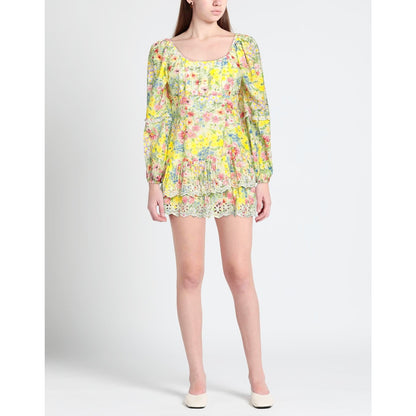 Love Shack Fancy Mini Dress Yellow Floral Print Size 6 Long Sleeve Ruffle Eyelet