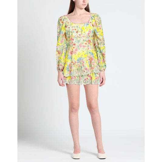 Love Shack Fancy Mini Dress Yellow Floral Print Size 6 Long Sleeve Ruffle Eyelet