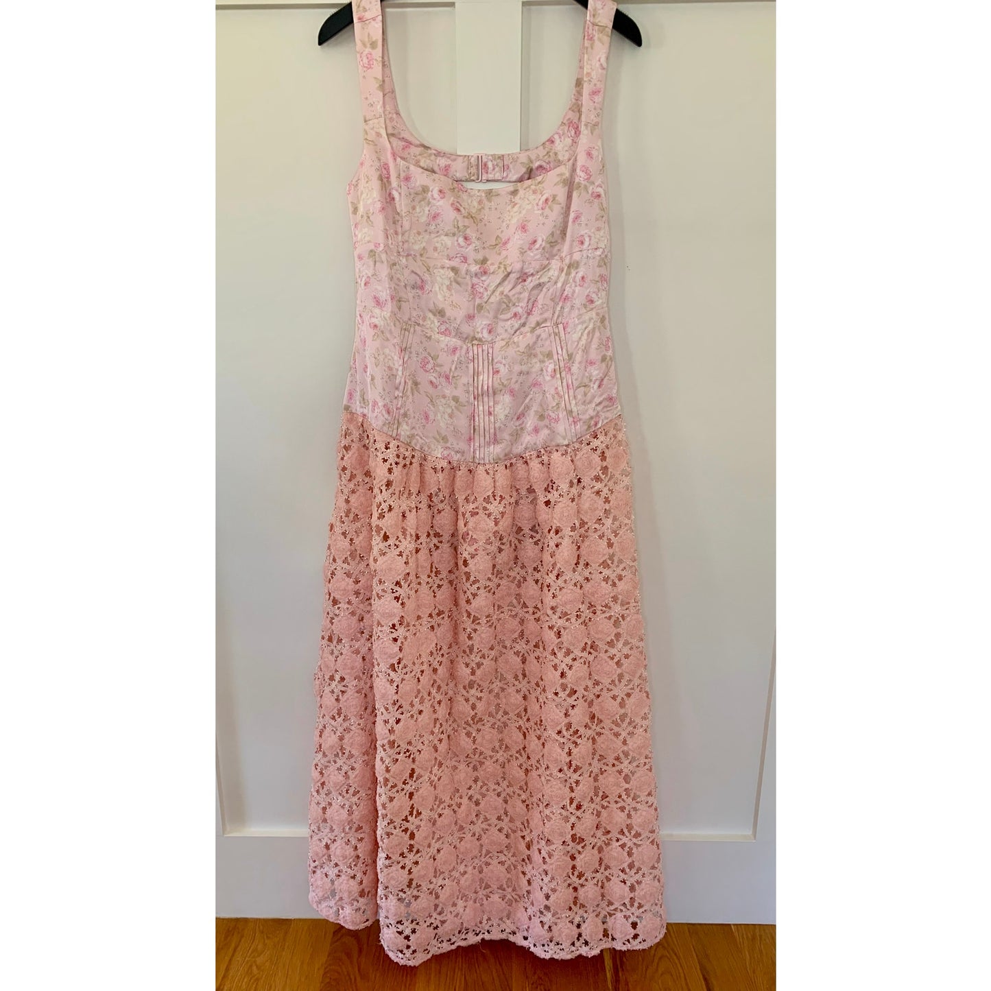 For Love & Lemons Pink Floral Maxi Dress Size XL Sleeveless Pleated Open Back