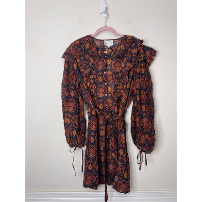 Antik Batik Mylo Printed Mini Dress Large/42 Paisley Long Sleeve Lined V-Neck