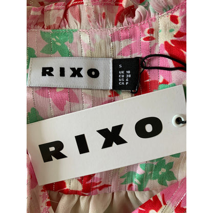 Rixo Mini Dress in Pink Small Floral Long Sleeve Ruffle Deep V-Neck Party
