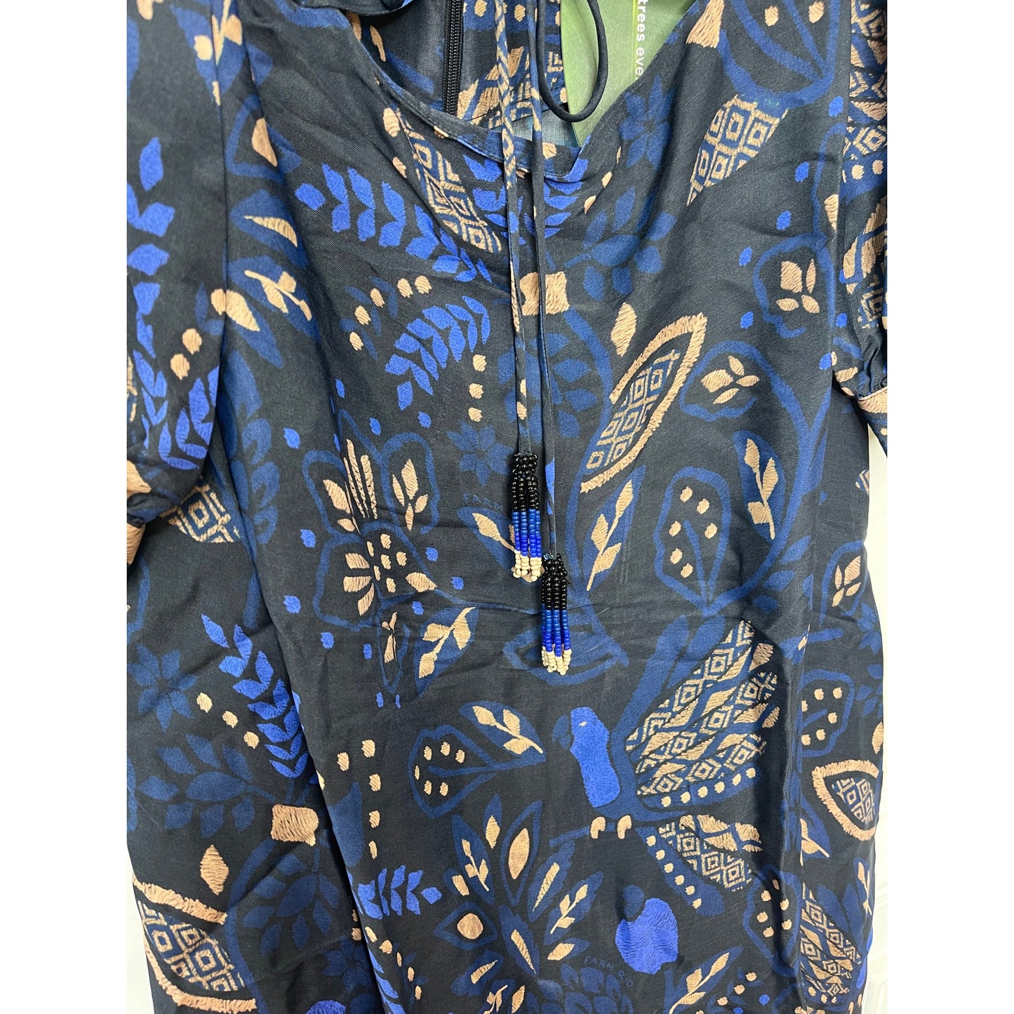 Farm Rio Macaw Forest Cutout Midi Dress Large Black Floral Long Sleeve Tie Front
