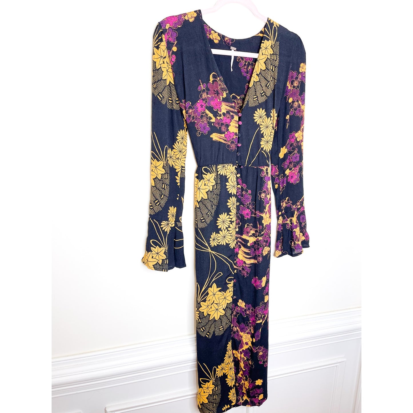 Free People Black Floral Print Long Sleeve Maxi Dress Size Small