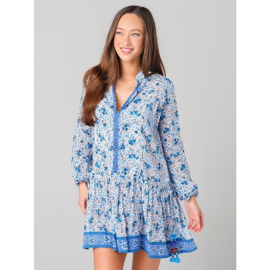 Poupette St. Barth Sylvia Drop Waist Mini Dress in Pink Daffodil Medium Tasseled