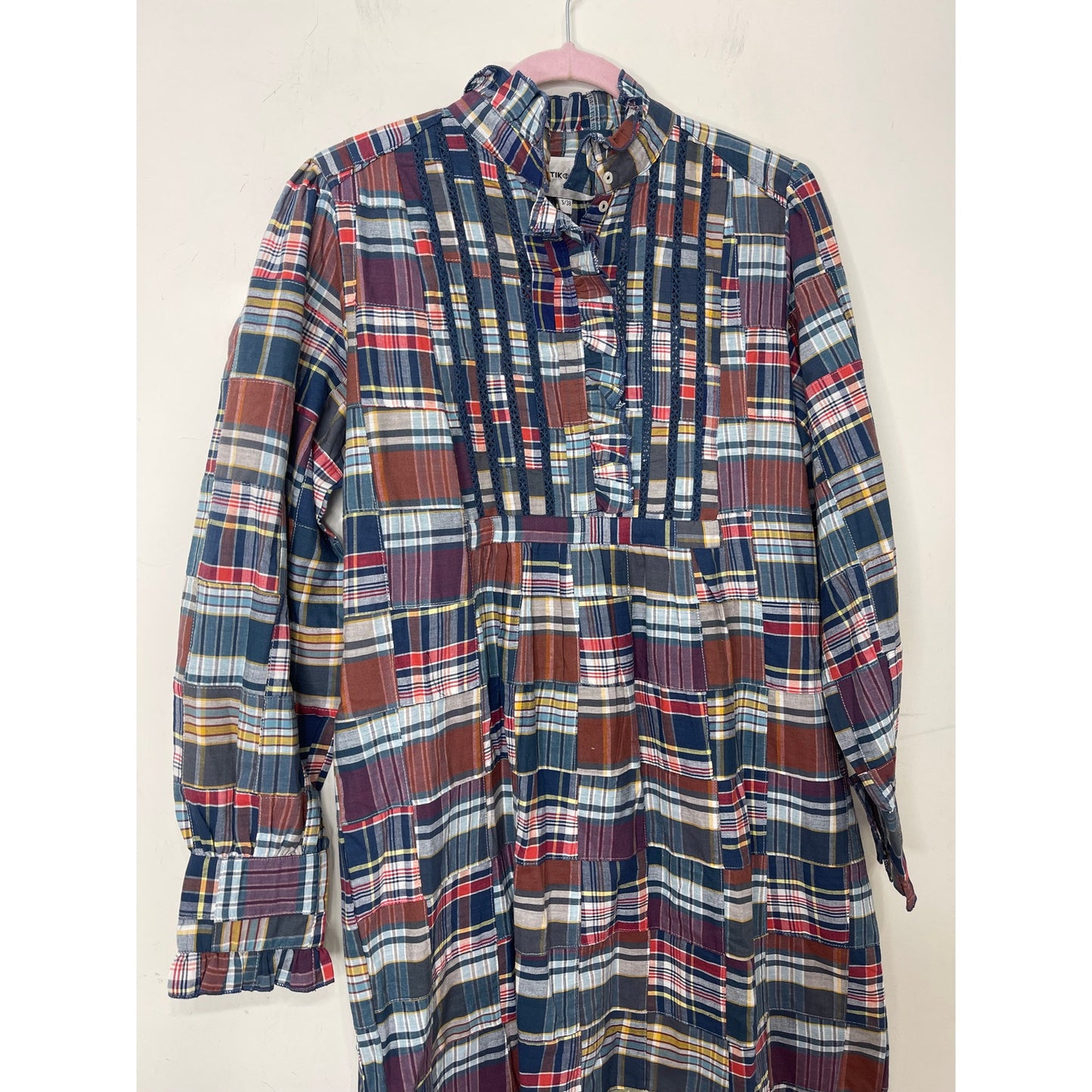 Antik Batik Jerro Dress in Blue Patchwork Checked Small/38 Long Sleeve Cotton