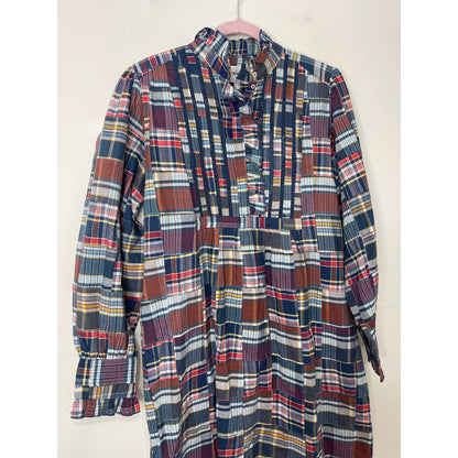 Antik Batik Jerro Dress in Blue Patchwork Checked Small/38 Long Sleeve Cotton