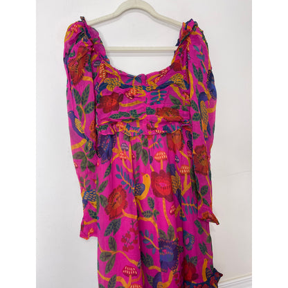Farm Rio Sweet Forest Maxi Dress Pink Size XS Floral Long Sleeve Keyhole Lined