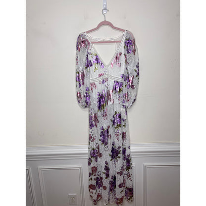 For Love and Lemons Wildflower Foil Lace Maxi Dress in Lavender Small V-Neck
