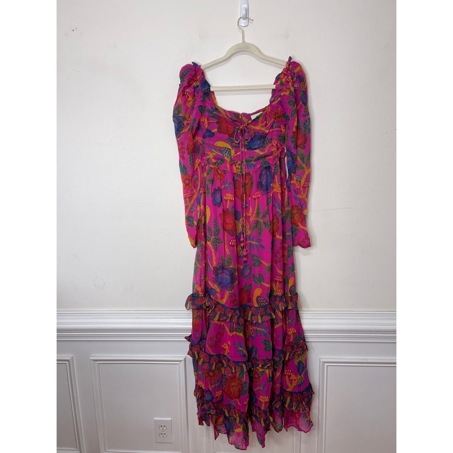 Farm Rio Sweet Forest Maxi Dress Pink Size XS Floral Long Sleeve Keyhole Lined