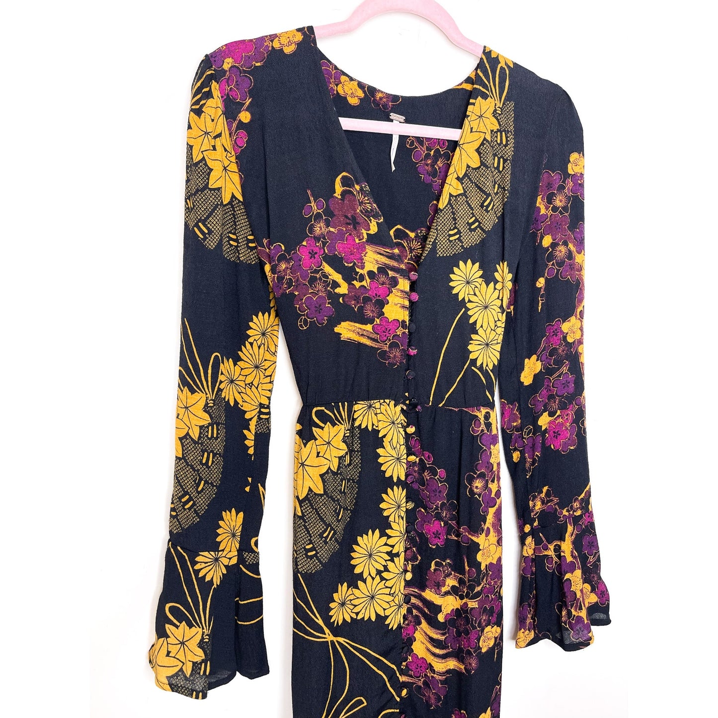 Free People Black Floral Print Long Sleeve Maxi Dress Size Small