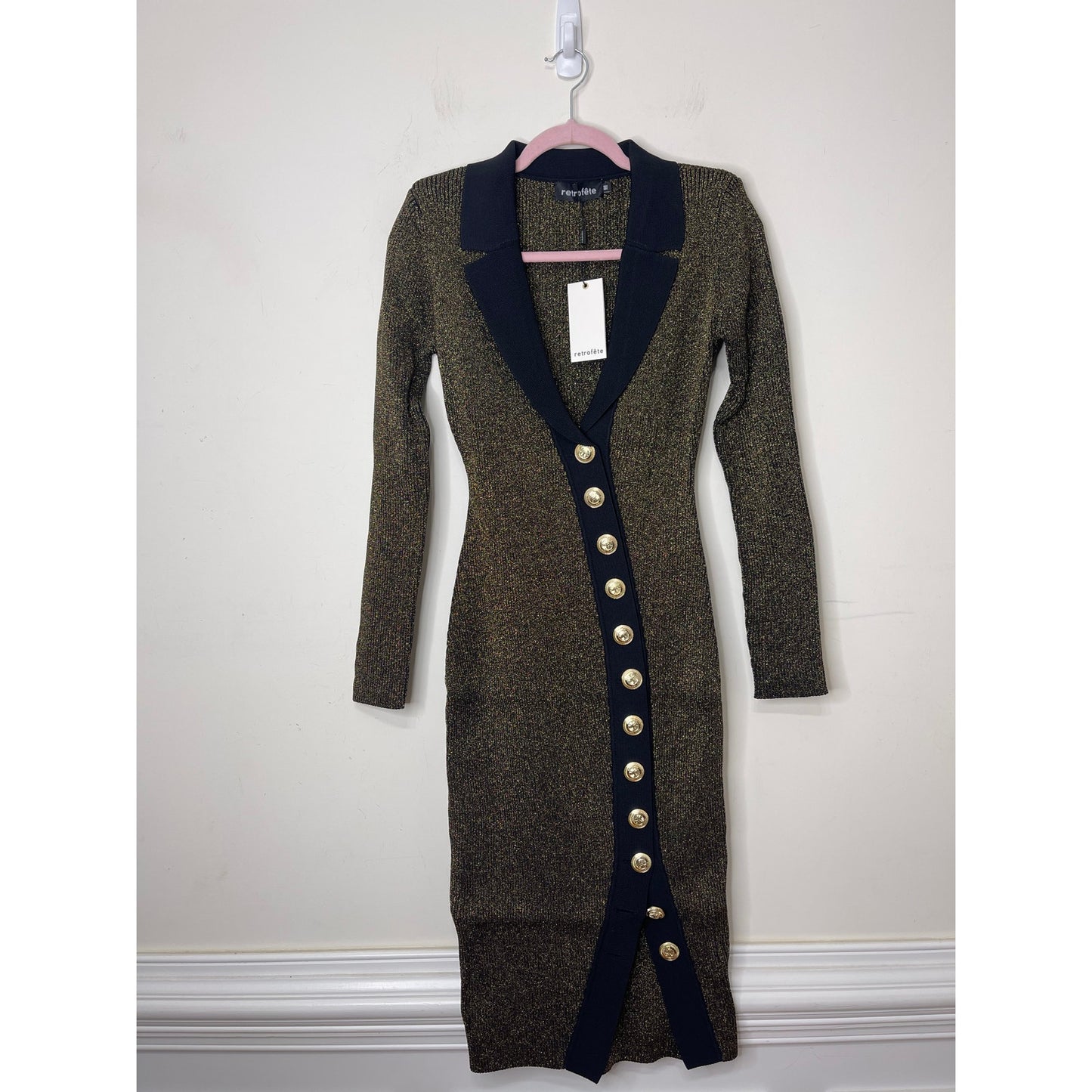 Retrofete Cassidy Cutaway-Hem Dress in Metallic Black/Gold Medium Long Sleeve