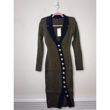 Retrofete Cassidy Cutaway-Hem Dress in Metallic Black/Gold Medium Long Sleeve