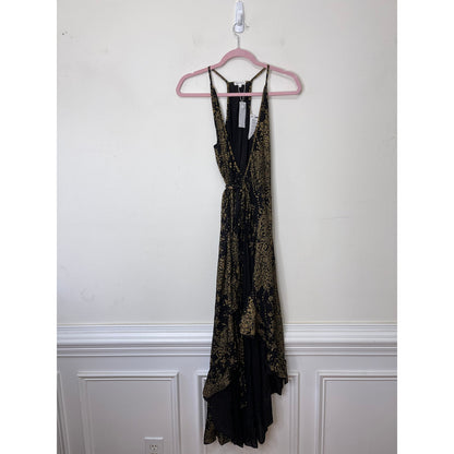 Poupette St. Barth Black & Gold Printed Wrap Midi Dress Size XS Sleeveless