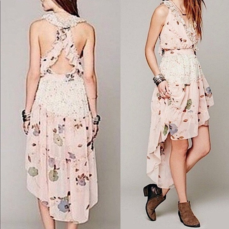 Free People Floral Skies Hi-Low Ruffle Midi Dress Size Medium