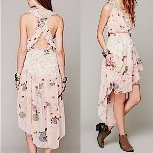 Free People Floral Skies Hi-Low Ruffle Midi Dress Size Medium