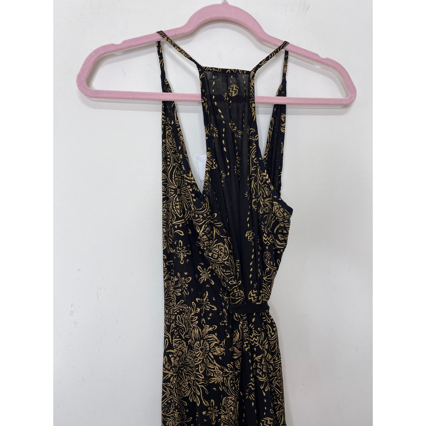 Poupette St. Barth Black & Gold Printed Wrap Midi Dress Size XS Sleeveless