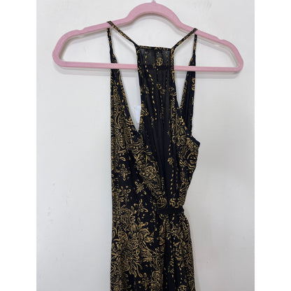 Poupette St. Barth Black & Gold Printed Wrap Midi Dress Size XS Sleeveless