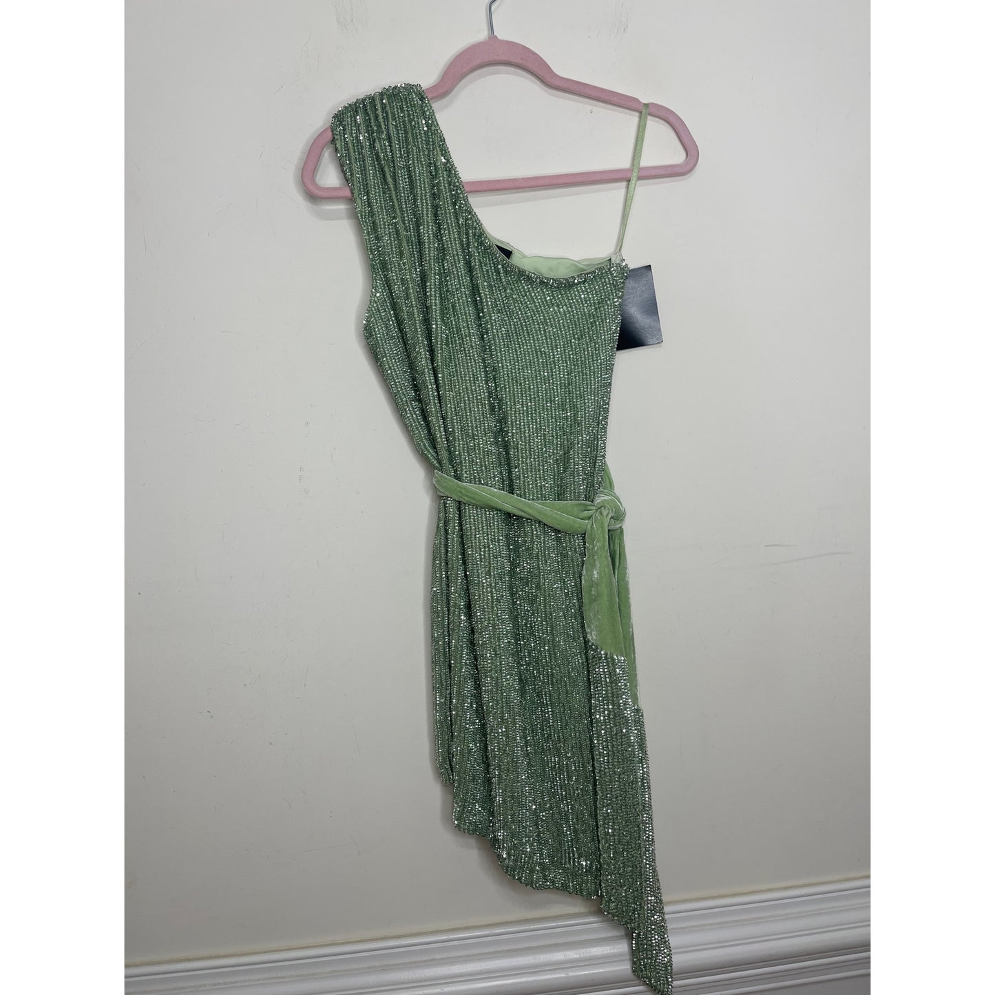 Retrofete Ellla Sequin Dress in Sage Small Mini One Shoulder Sleeveless Party