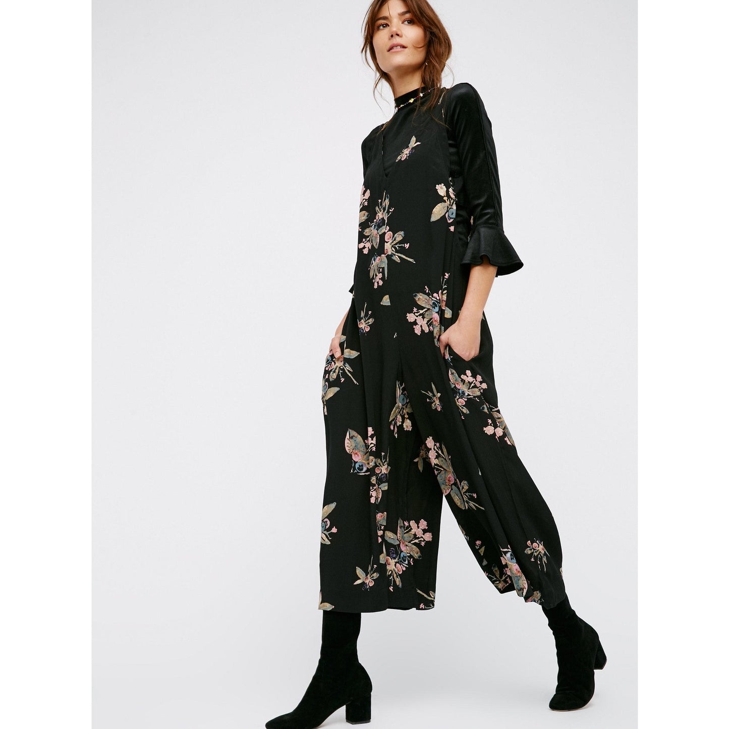 Free People Dream Big Jumpsuit in Black Floral Size Small