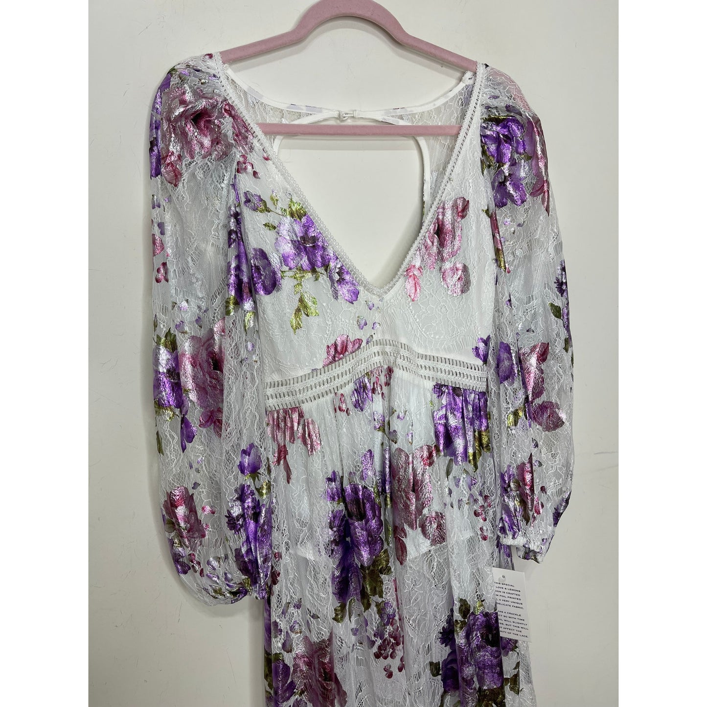 For Love and Lemons Wildflower Foil Lace Maxi Dress in Lavender Small V-Neck