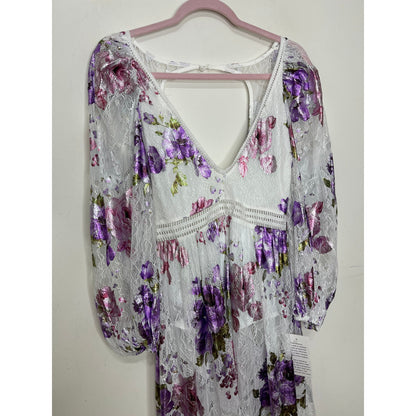 For Love and Lemons Wildflower Foil Lace Maxi Dress in Lavender Small V-Neck