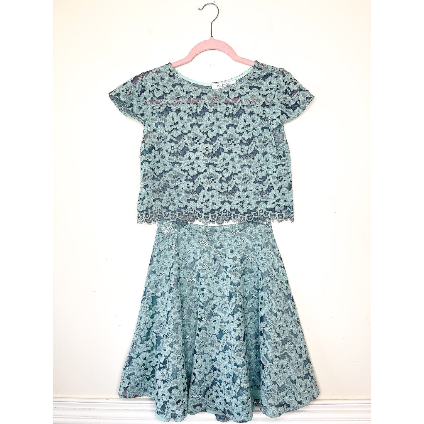 Alexis Light Blue Lace Crop Top Skirt Set Size Small
