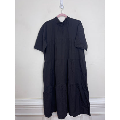 Everlane The Tiered Mockneck Dress in Black Medium Short Sleeve Keyhole Cotton