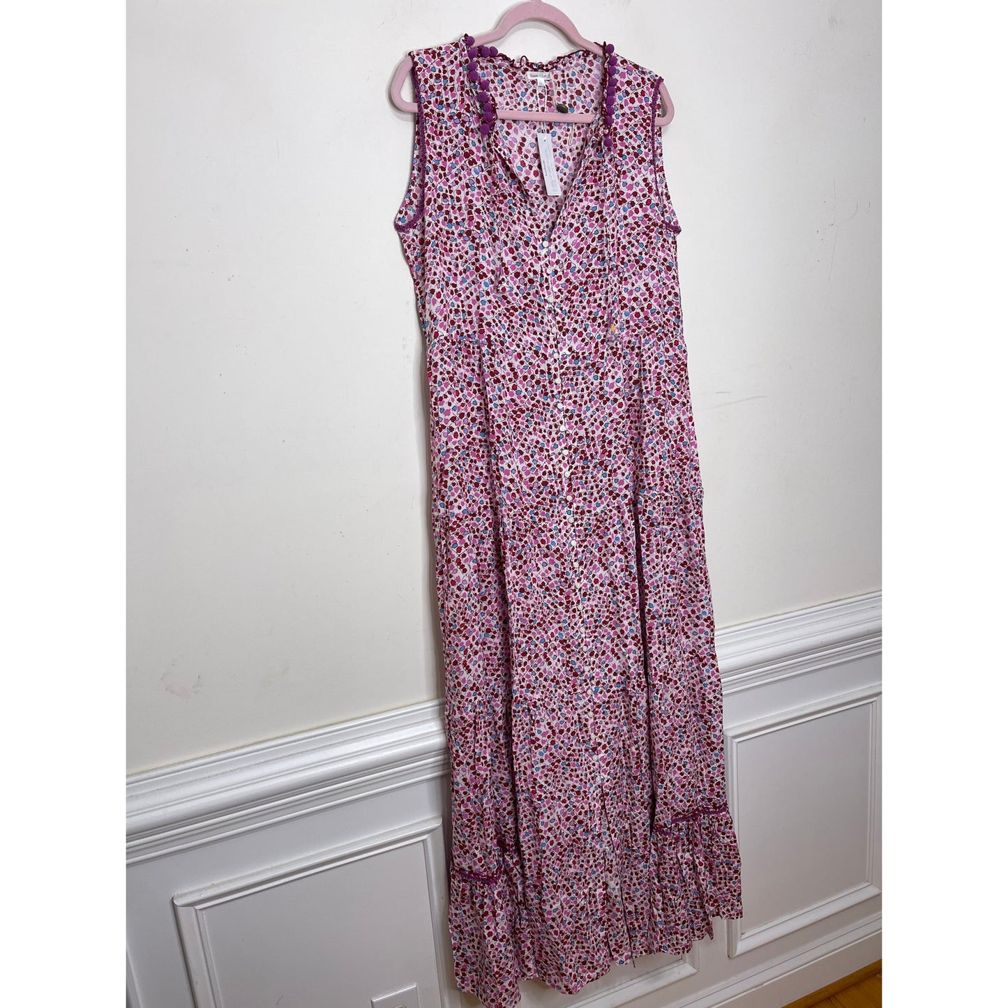 Poupette St. Barth Clara Maxi Dress Pink Tulip Large Floral Sleeveless Ruffles