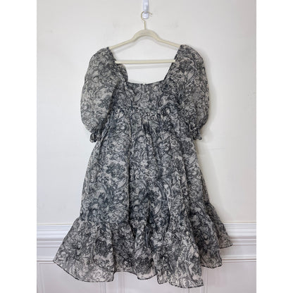 Selkie The French Puff Dress Small Navy Blue Floral Short Sleeve Square Neck