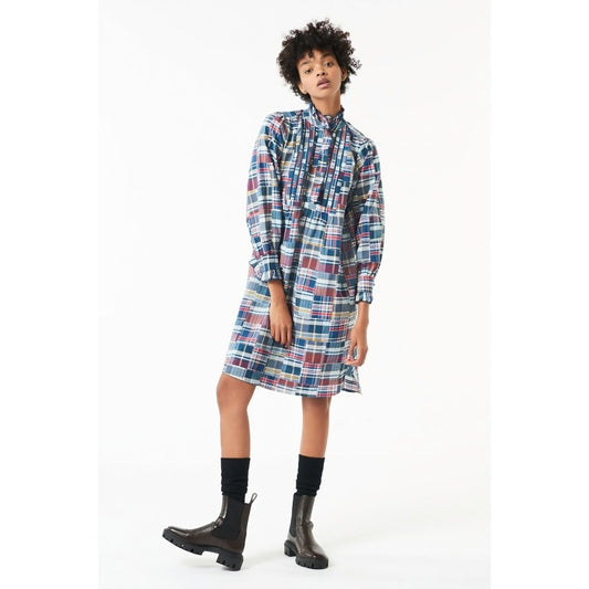 Antik Batik Jerro Dress in Blue Patchwork Checked Small/38 Long Sleeve Cotton