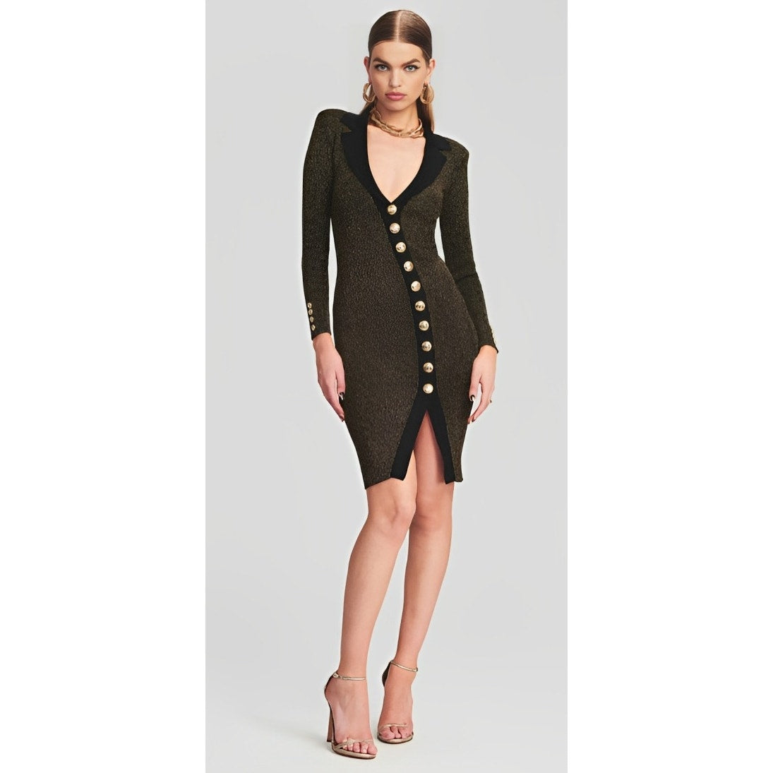 Retrofete Cassidy Cutaway-Hem Dress in Metallic Black/Gold Medium Long Sleeve