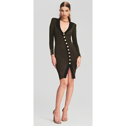 Retrofete Cassidy Cutaway-Hem Dress in Metallic Black/Gold Medium Long Sleeve