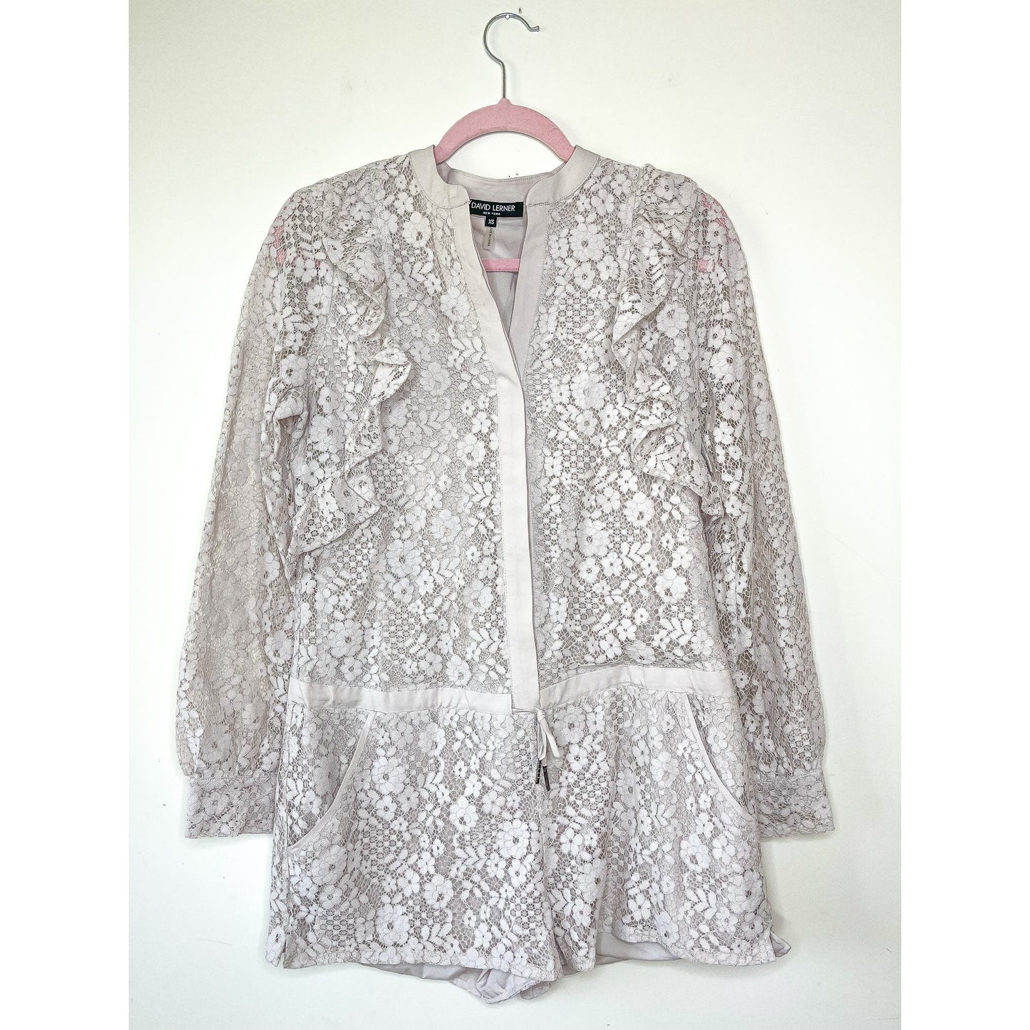 David Lerner Dusty Lavender Lace Ruffle Long Sleeve Romper Size XS
