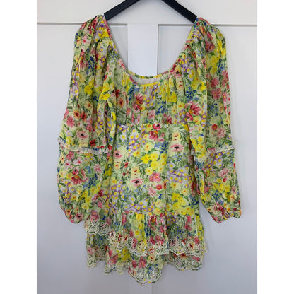 Love Shack Fancy Mini Dress Yellow Floral Print Size 6 Long Sleeve Ruffle Eyelet