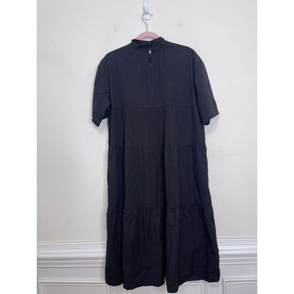 Everlane The Tiered Mockneck Dress in Black Medium Short Sleeve Keyhole Cotton