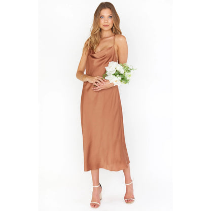 Show Me Your Mumu Verona Cowl Neck Midi Dress in Copper Lux Satin Size Small