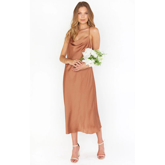 Show Me Your Mumu Verona Cowl Neck Midi Dress in Copper Lux Satin Size Small