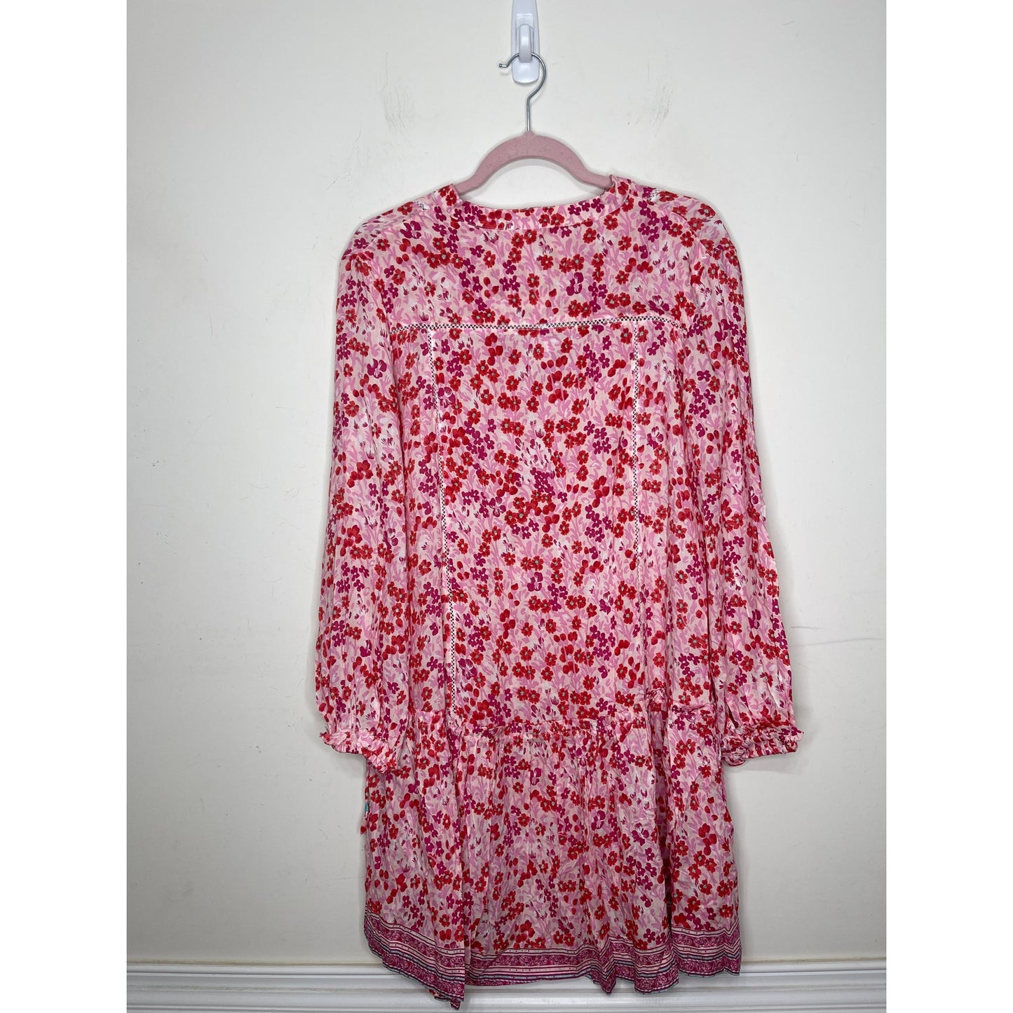 Poupette St. Barth Sylvia Drop Waist Mini Dress in Pink Daffodil Medium Tasseled