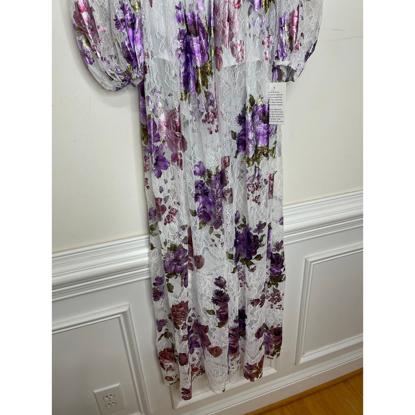 For Love and Lemons Wildflower Foil Lace Maxi Dress in Lavender Small V-Neck