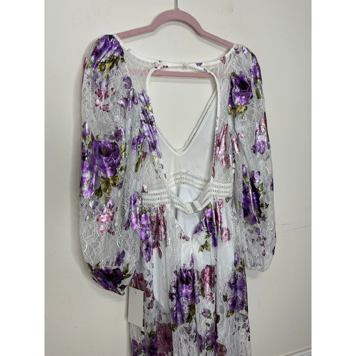 For Love and Lemons Wildflower Foil Lace Maxi Dress in Lavender Small V-Neck