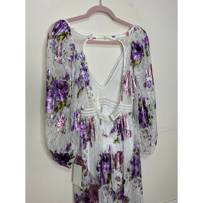 For Love and Lemons Wildflower Foil Lace Maxi Dress in Lavender Small V-Neck