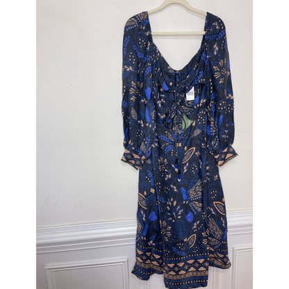 Farm Rio Macaw Forest Cutout Midi Dress Large Black Floral Long Sleeve Tie Front