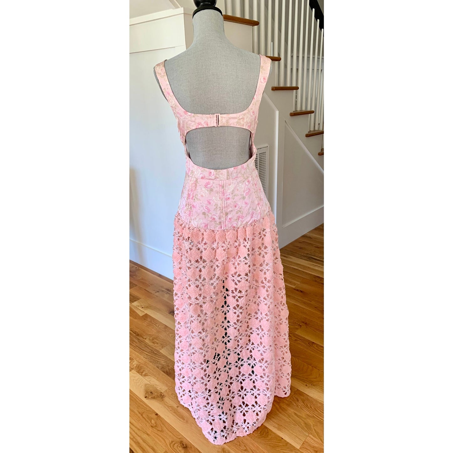 For Love & Lemons Pink Floral Maxi Dress Size XL Sleeveless Pleated Open Back